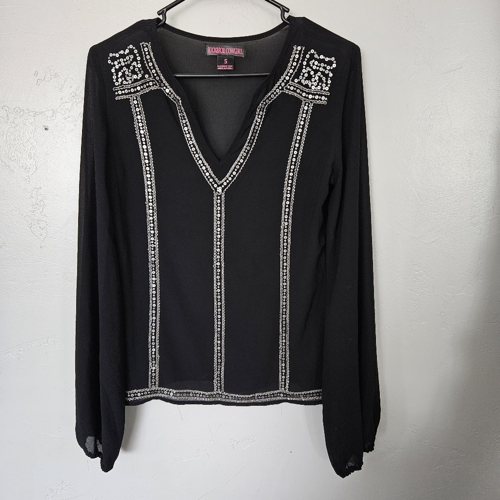 Rock & Roll Cowgirl Womens Small Black Embellished V-Neck Top Long Sleeve Blouse